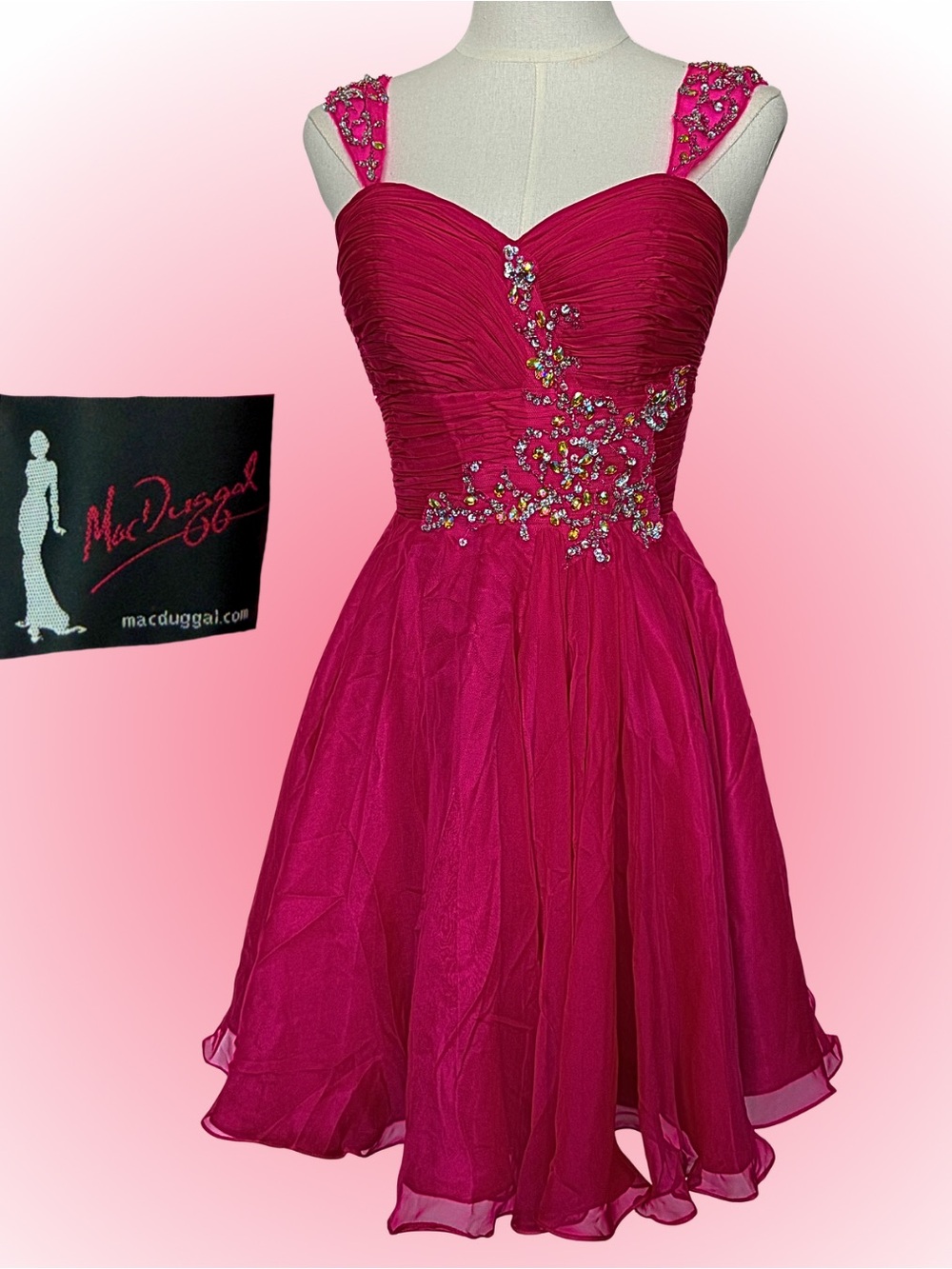 Mac Duggal Y2K Hot Pink Ruched Embellished Prom Homecoming Dress Size 4